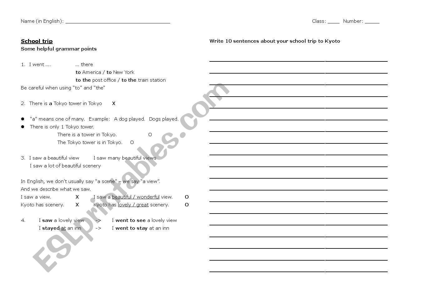 School trip worksheet