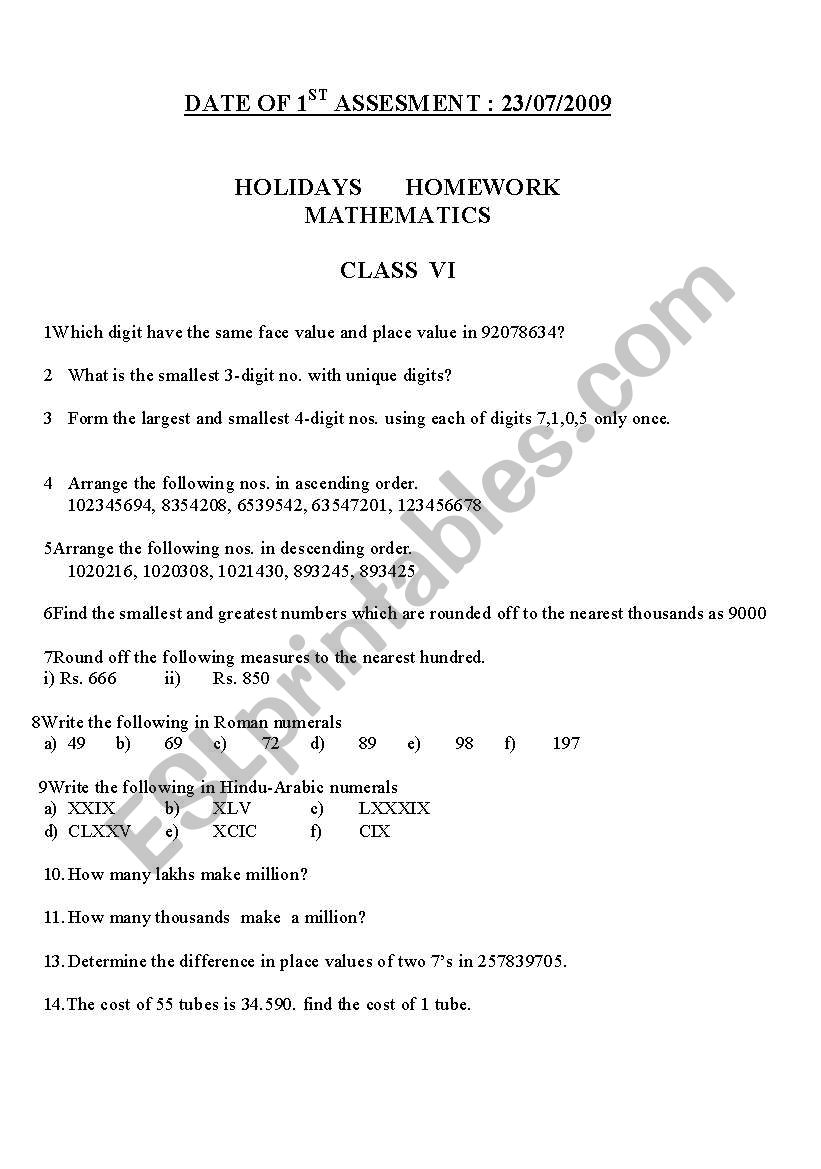 class 6th maths test worksheet
