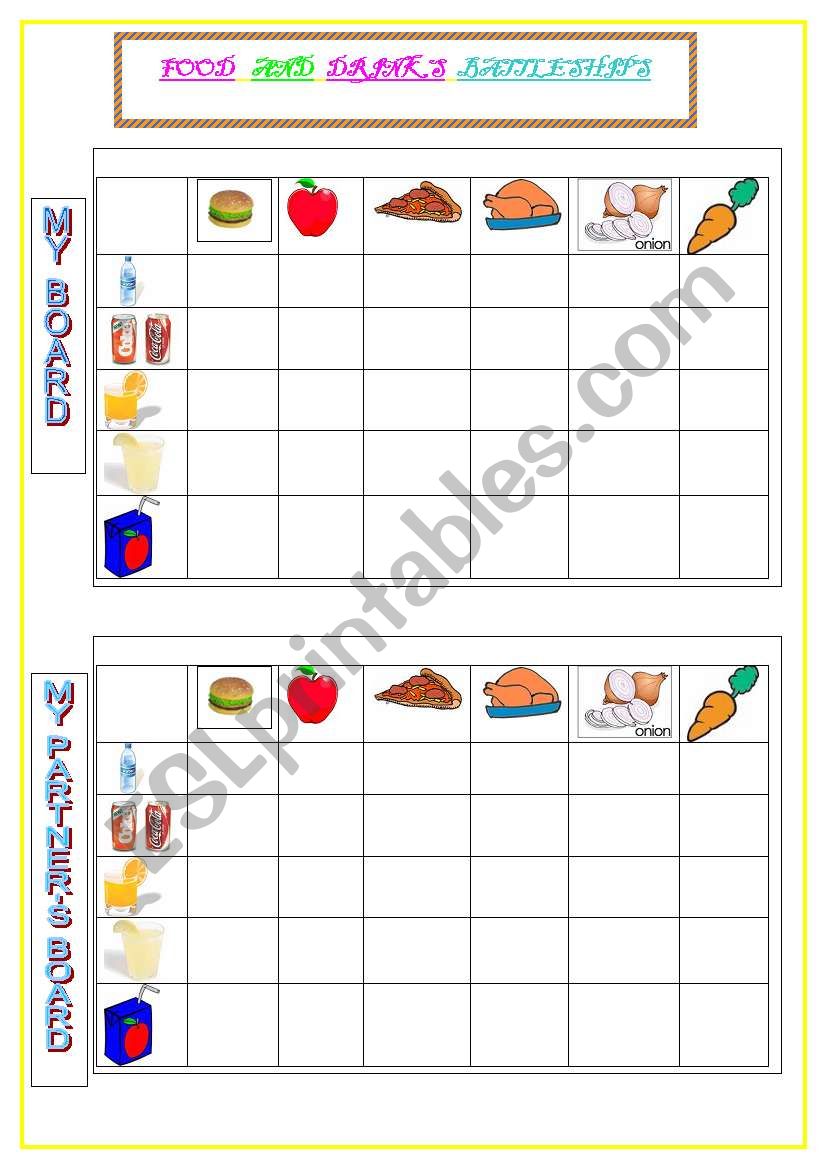 Food and Drinks battleship worksheet