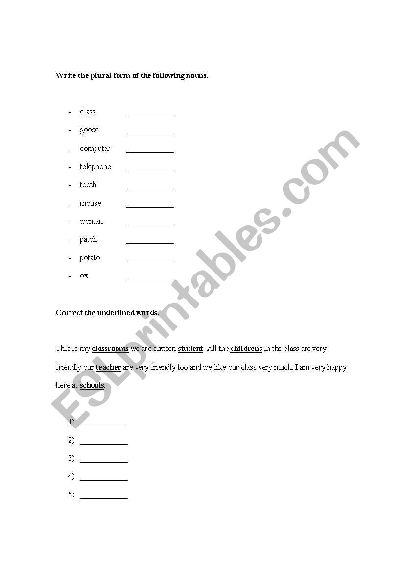 Plurals worksheet