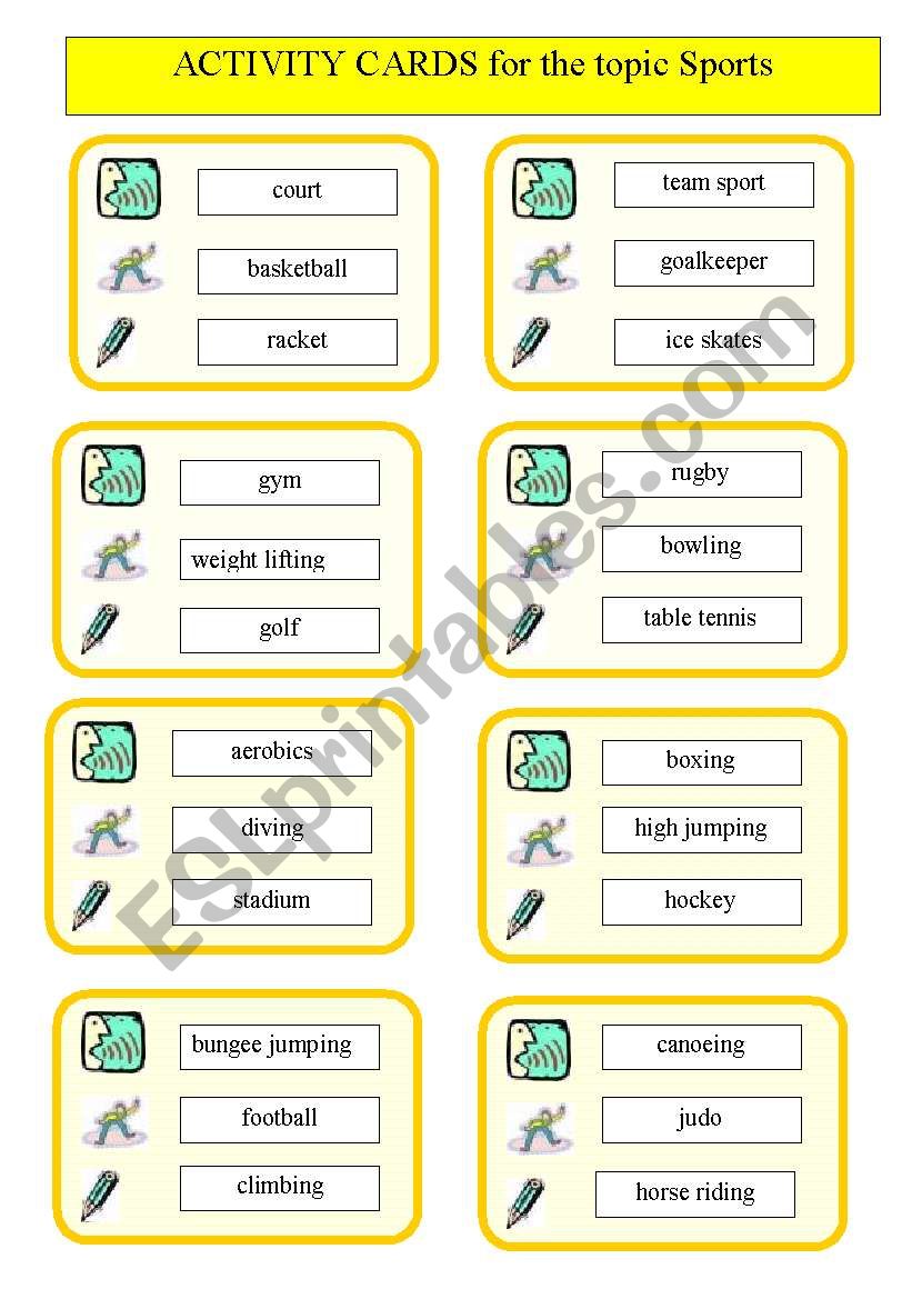 Activity cards for the game Draw-M-Explain topic SPORTS