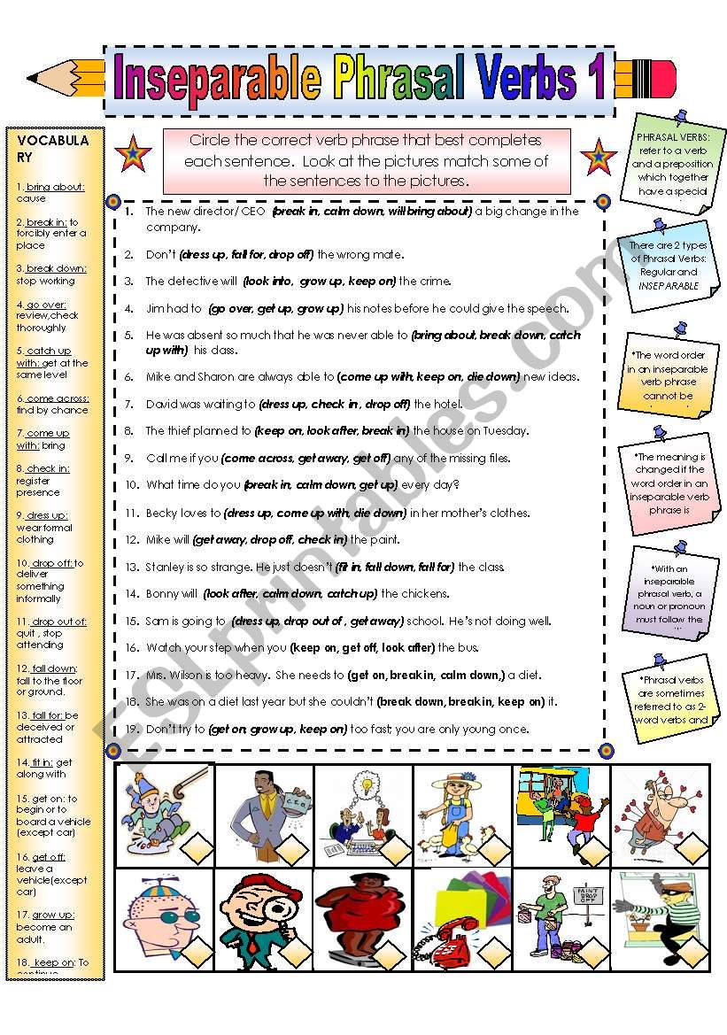 Inseparable Phrasal Verbss worksheet