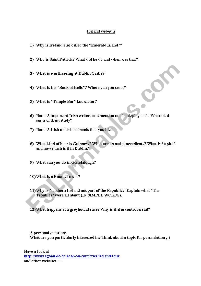 Ireland webquest worksheet