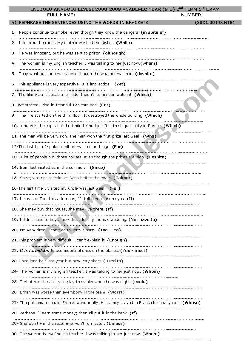 exams worksheet