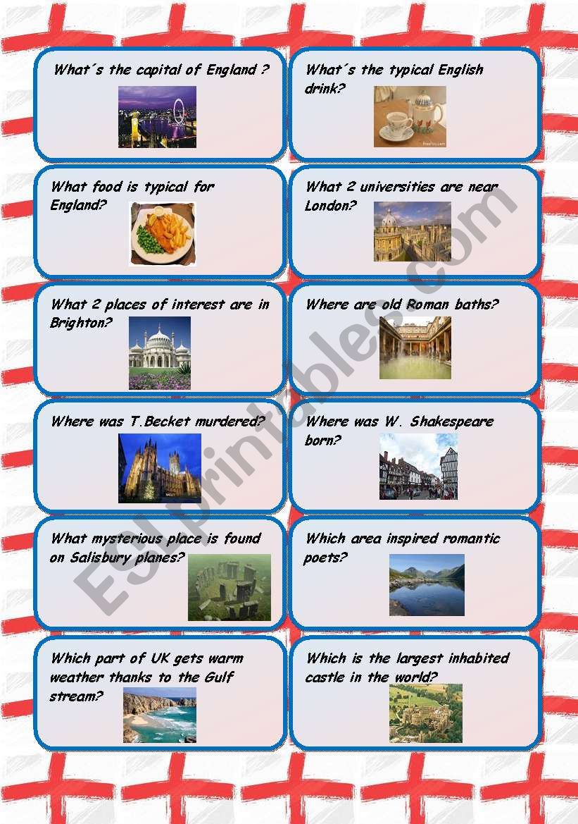 England and Scotland conversation cards - follow up for the pictionaries on the English-speaking countries