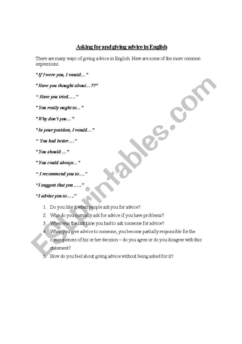 asking for and giving advice worksheet