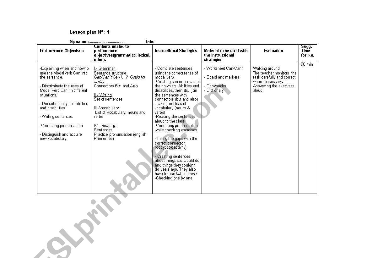 Planning lesson worksheet