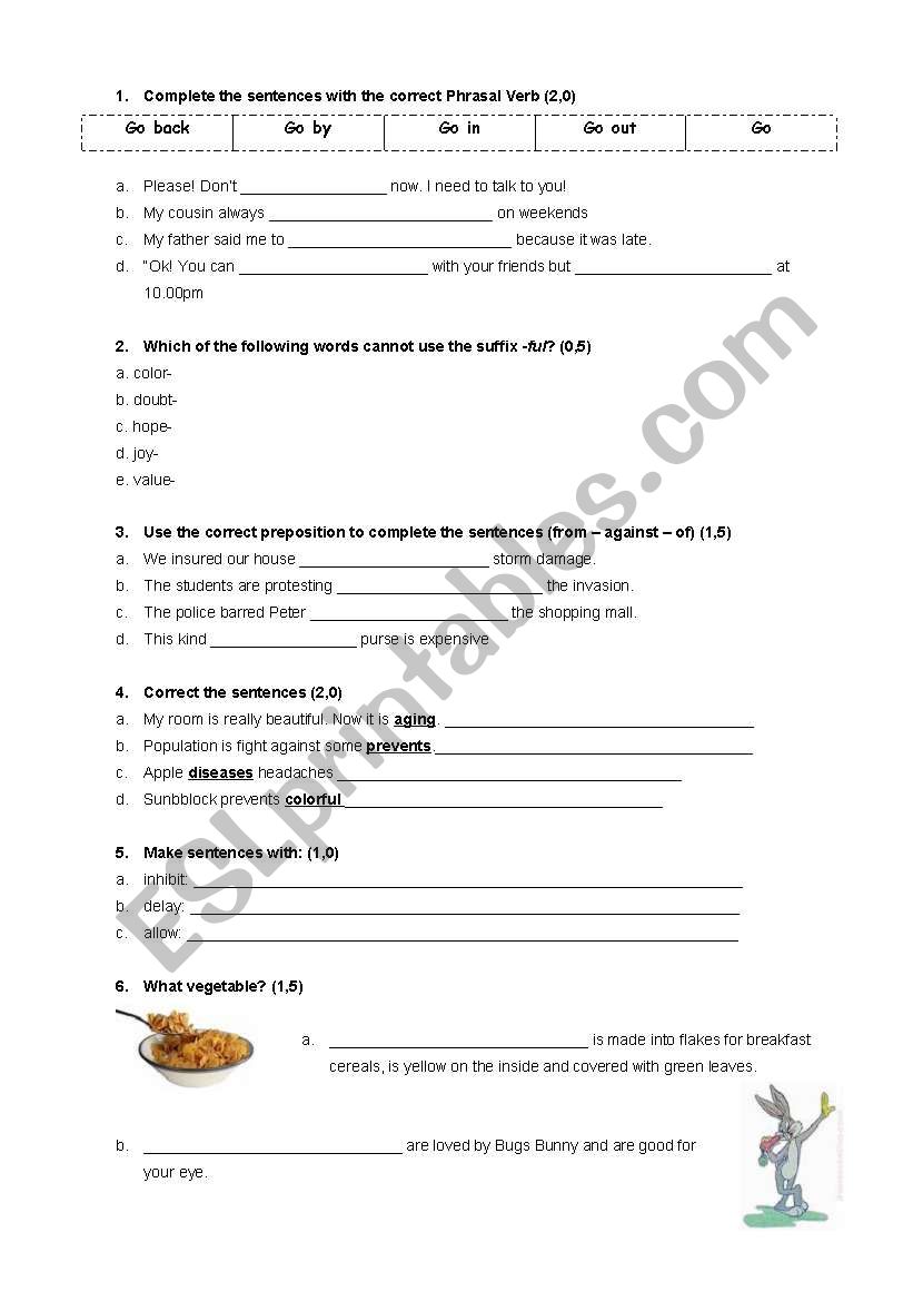 Test - adjectives, suffixes worksheet
