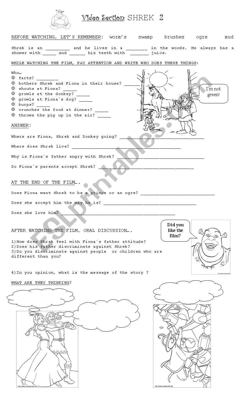 shrek 2 video activities worksheet