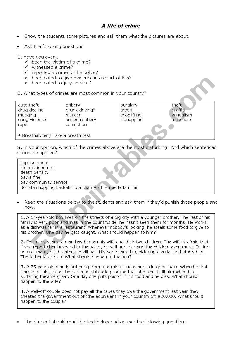 A Life of Crime worksheet