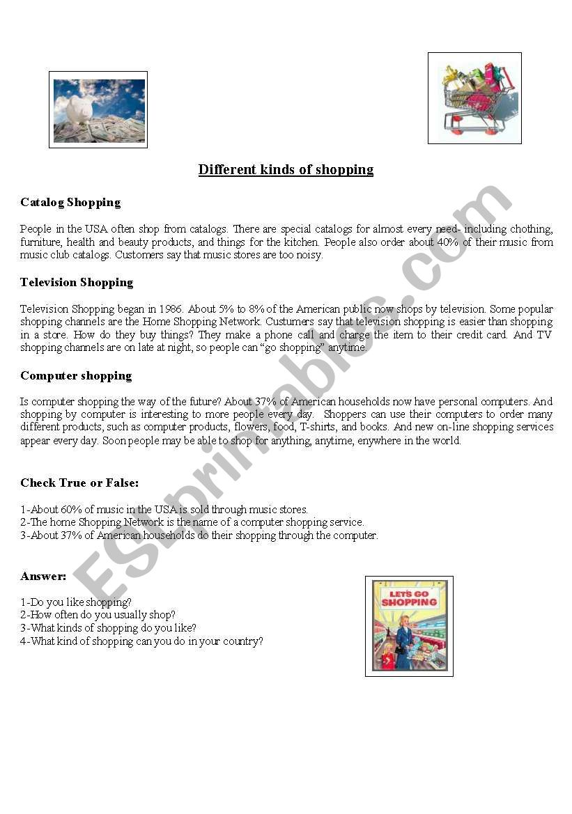 Different Kinds of shopping worksheet