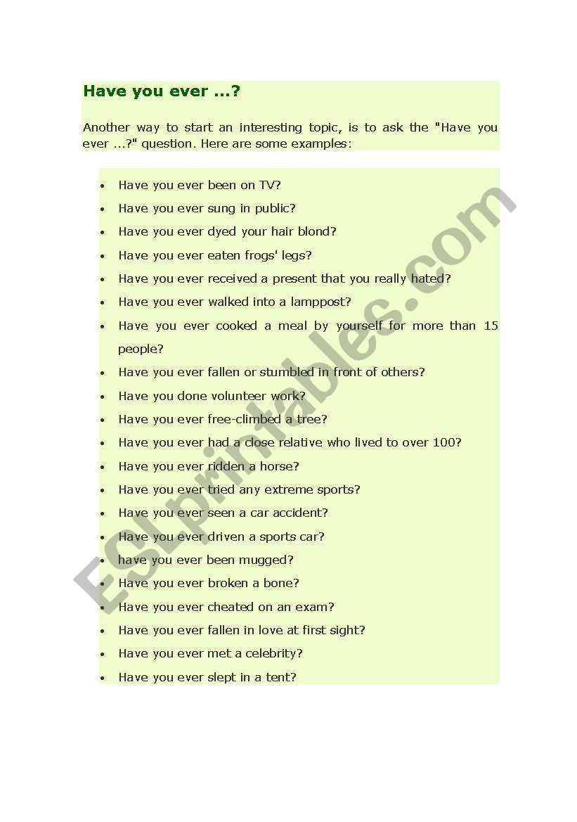 Present Perfect - ever worksheet