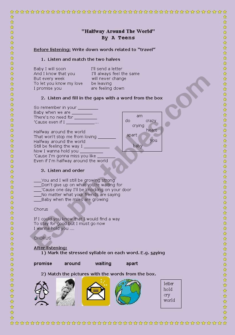 Halfway around the world song worksheet