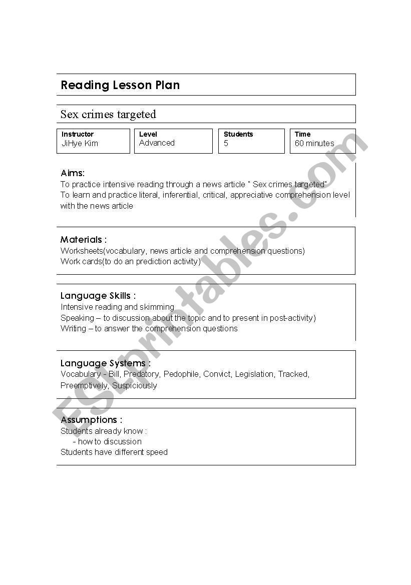 reading lesson plan worksheet