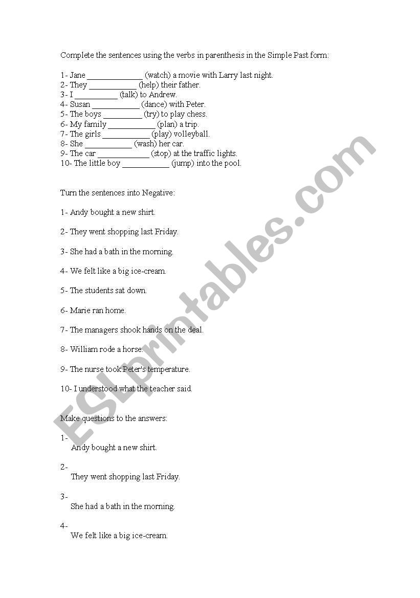 Simple Past exercises worksheet