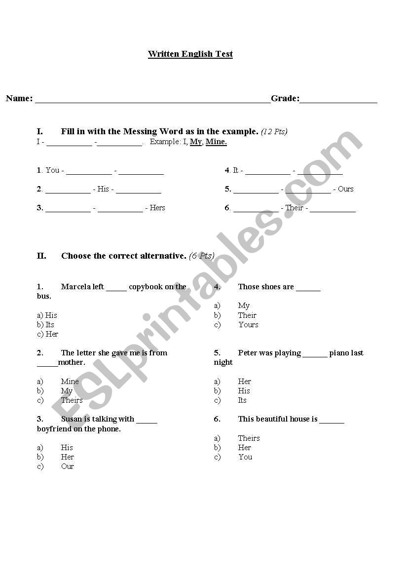 Possessive pronouns test worksheet