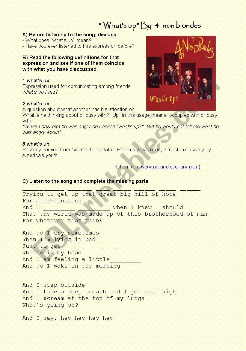 WhatÂ´s up by 4 non blondes worksheet