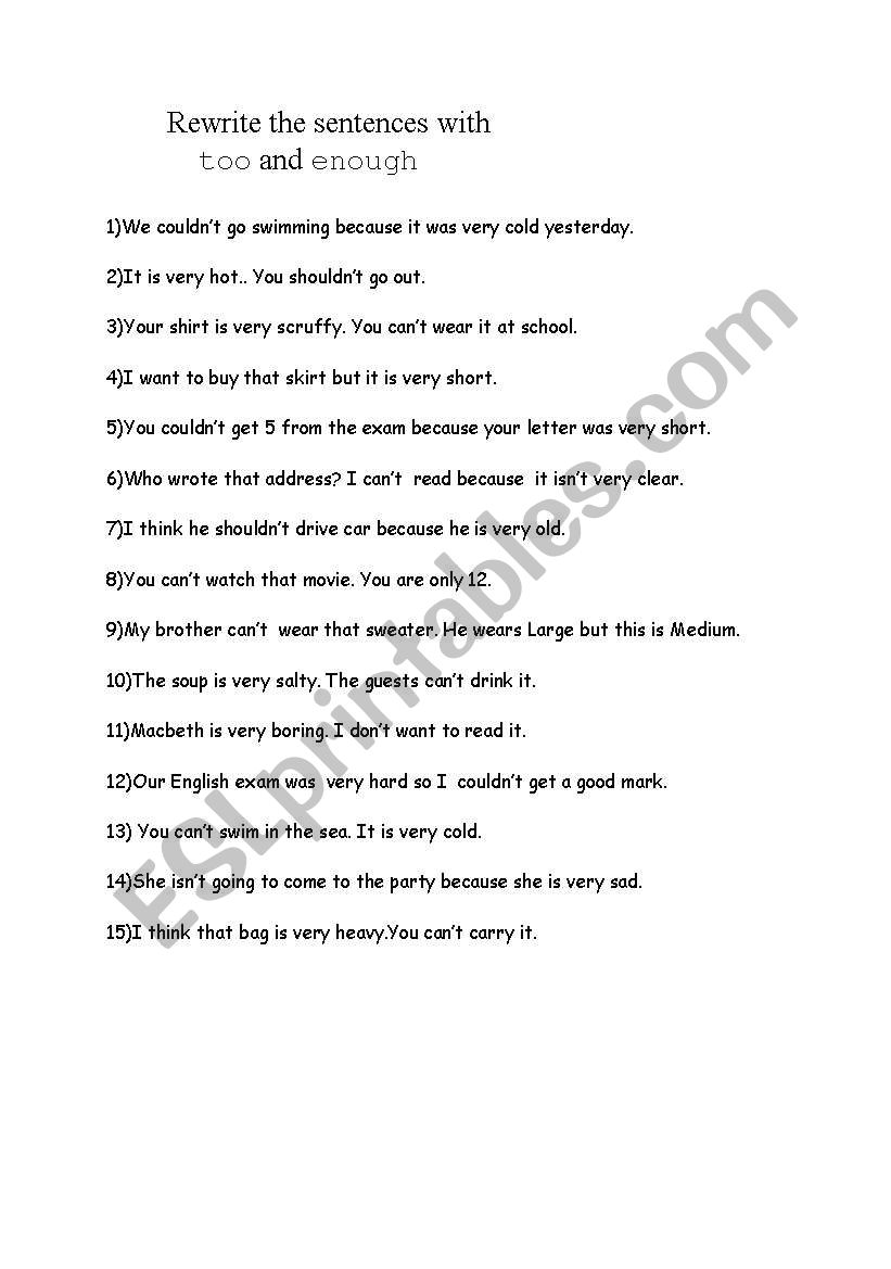 too & enough rewrite  worksheet