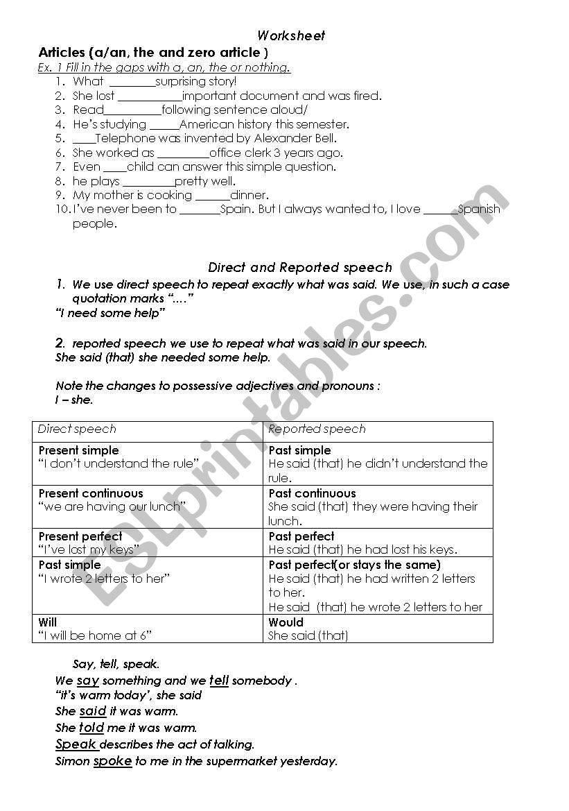 reported speech worksheet