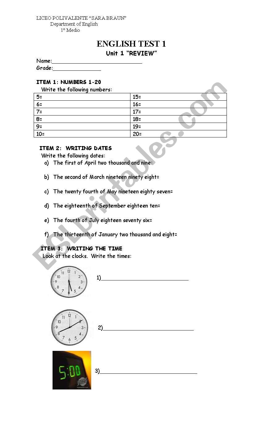 Numbers, dates and time worksheet