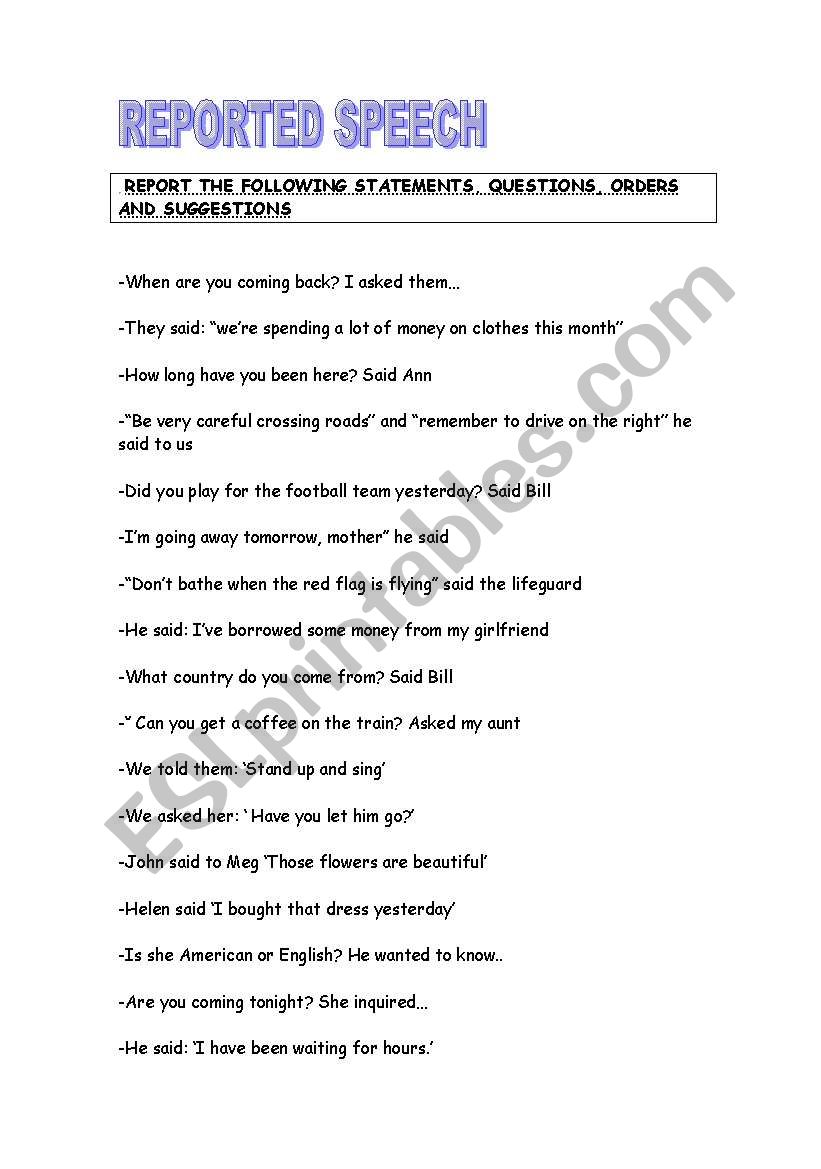 Reported Speech worksheet