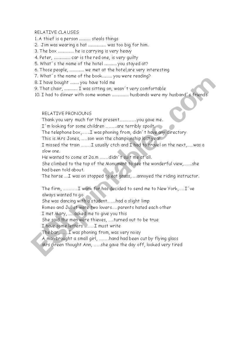 relative pronouns gap filling exercises