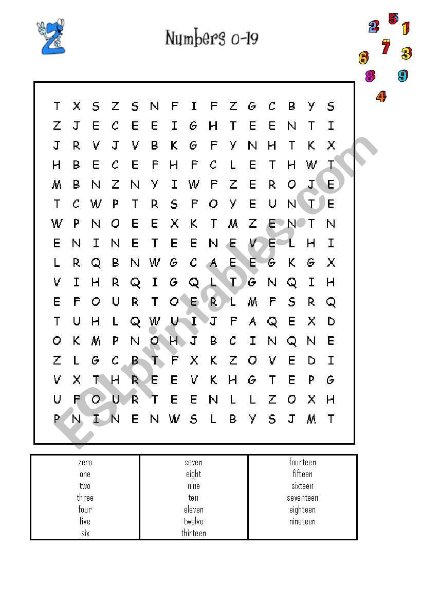 Numbers Wordsearch worksheet