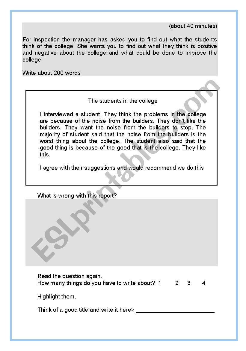 Report Writing ESOL Level 1 worksheet