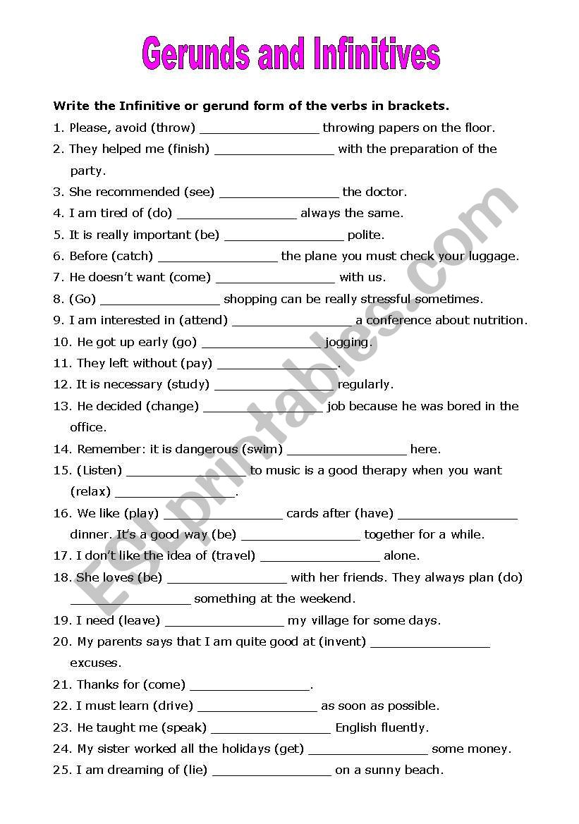 Gerunds and infinitives worksheet