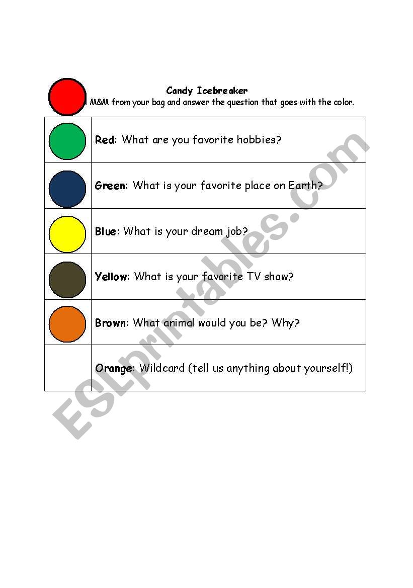 M&M Icebreaker worksheet