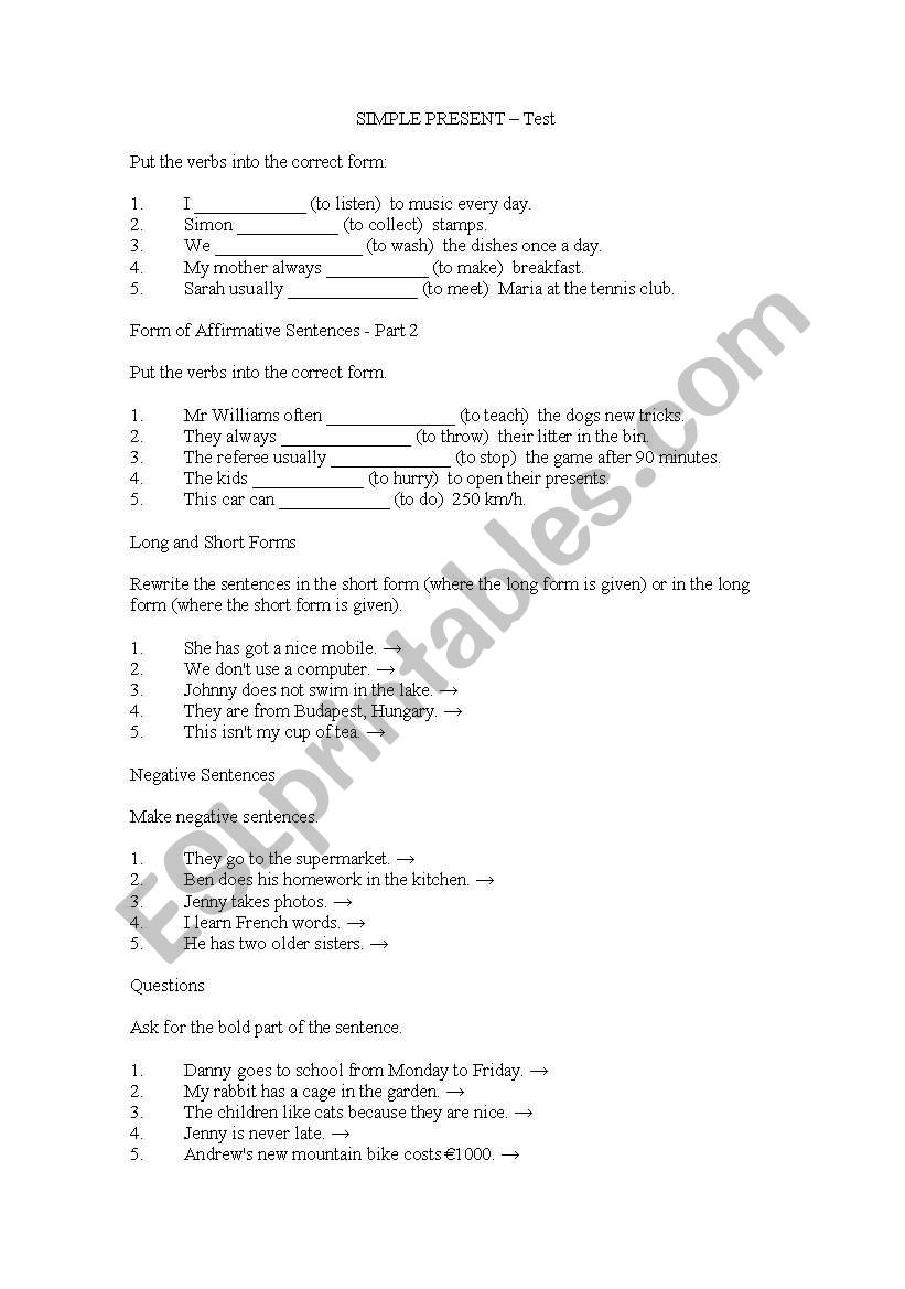 Simple Present Test worksheet