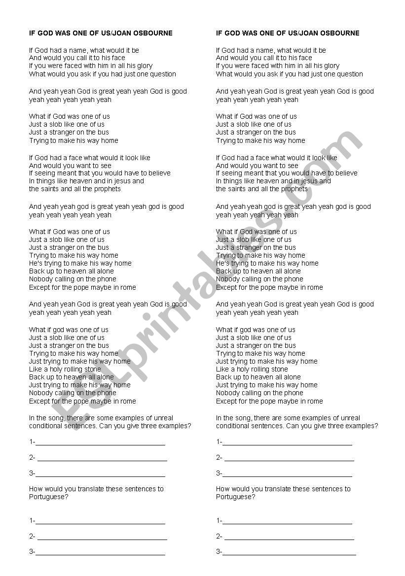 If God was one of us worksheet