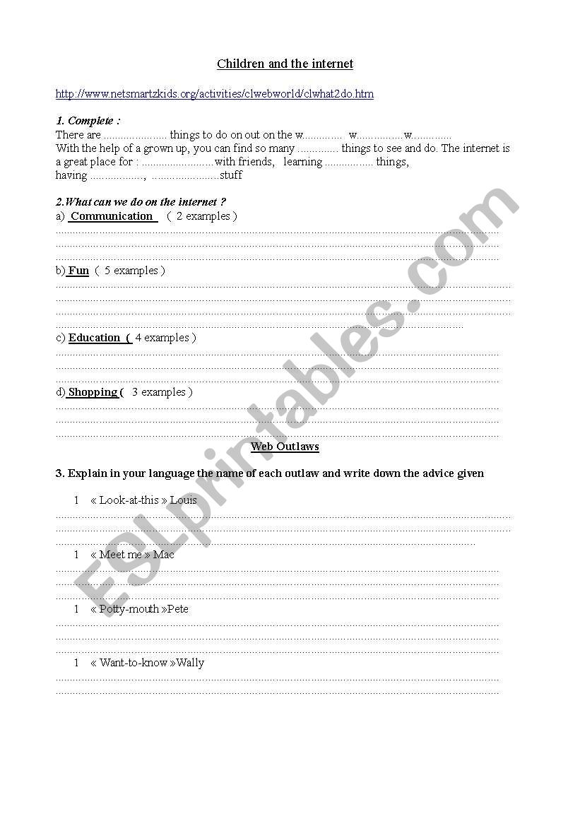 Children and the internet worksheet