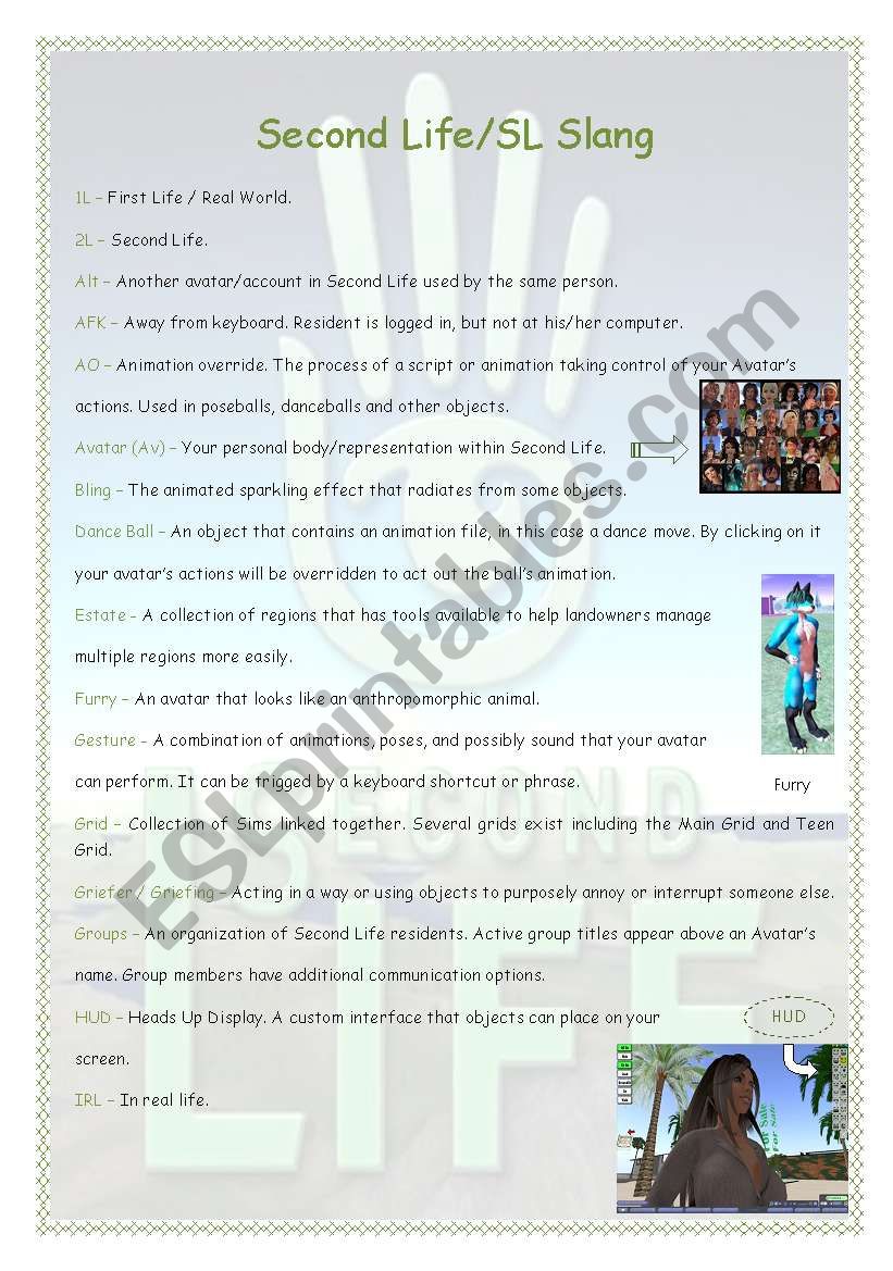 Second Life/SL Slang worksheet