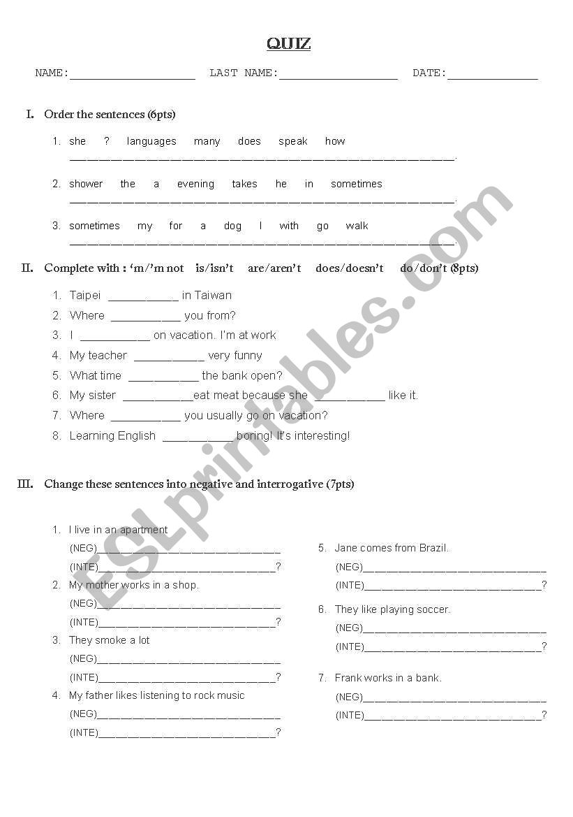 Quiz worksheet