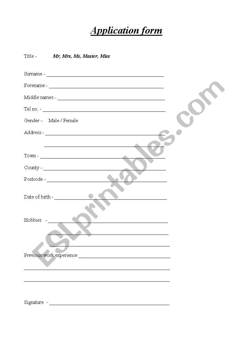 Application form worksheet