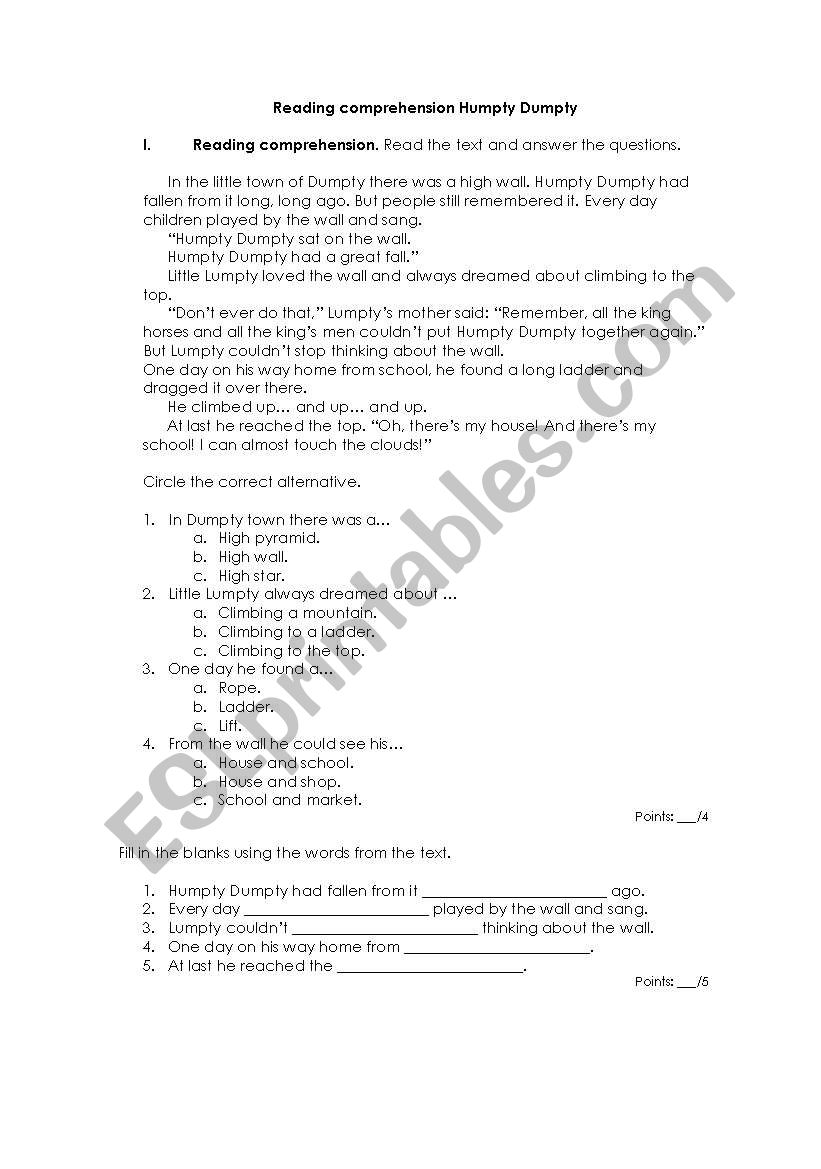 Reading comprehension worksheet