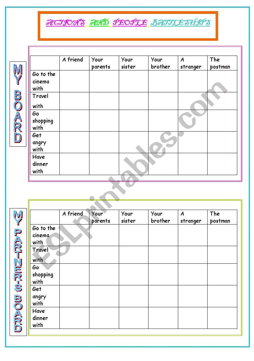 Actions and people BATTLESHIP worksheet
