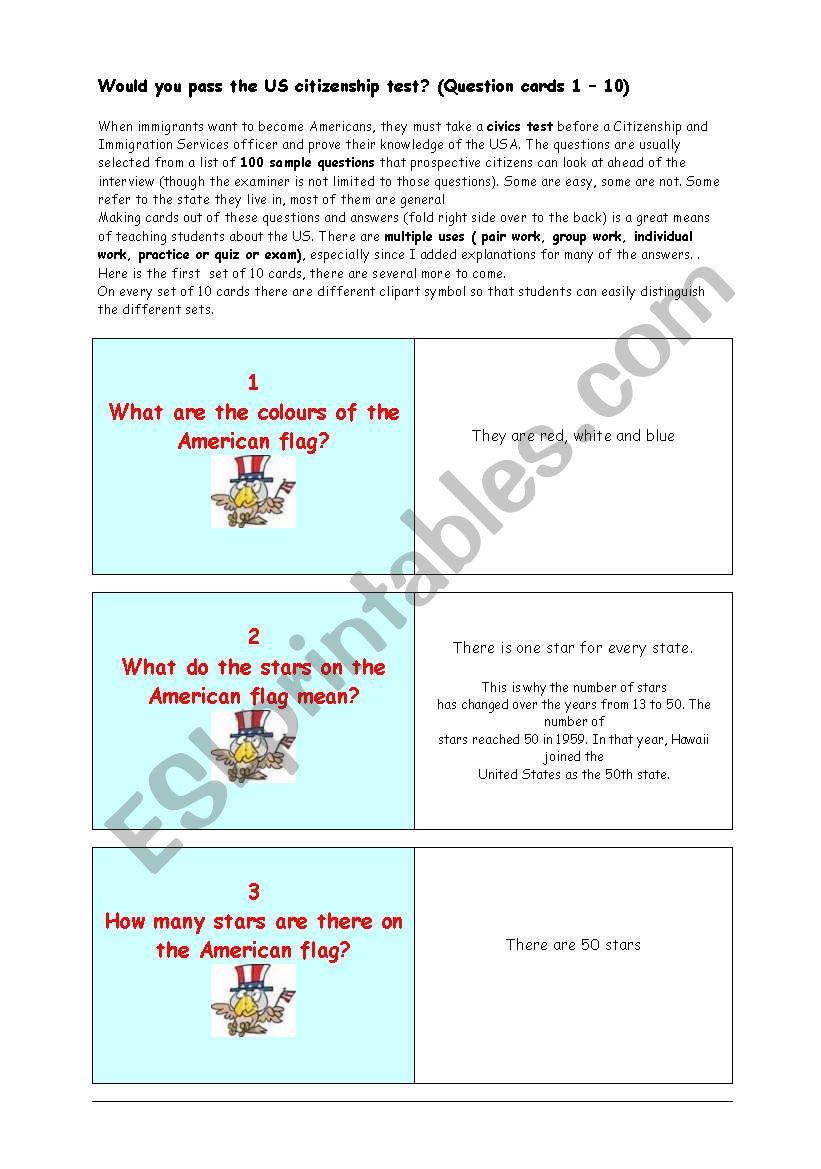 ** Would you pass the US citizenship test? ** THE MOST IMPORTANT FACTS ABOUT THE USA ** (Question cards 71  10) 