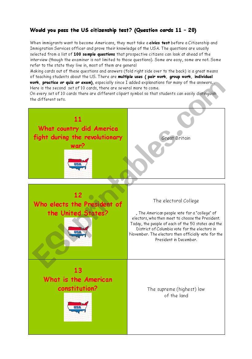 ** Would you pass the US citizenship test? ** THE MOST IMPORTANT FACTS ABOUT THE USA ** (Question cards 11 â€“ 20)