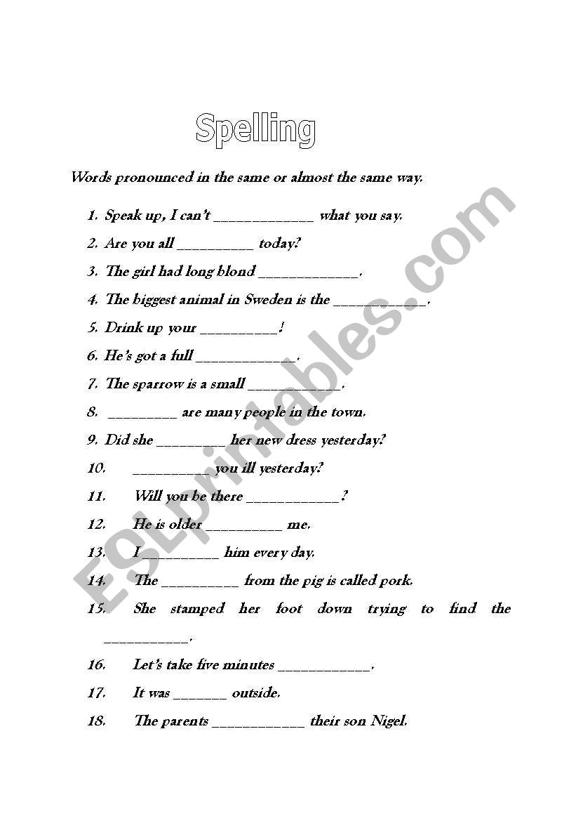 Pronunciation and spelling worksheet
