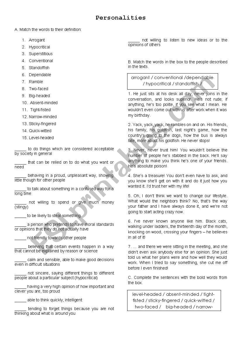 Personalities worksheet