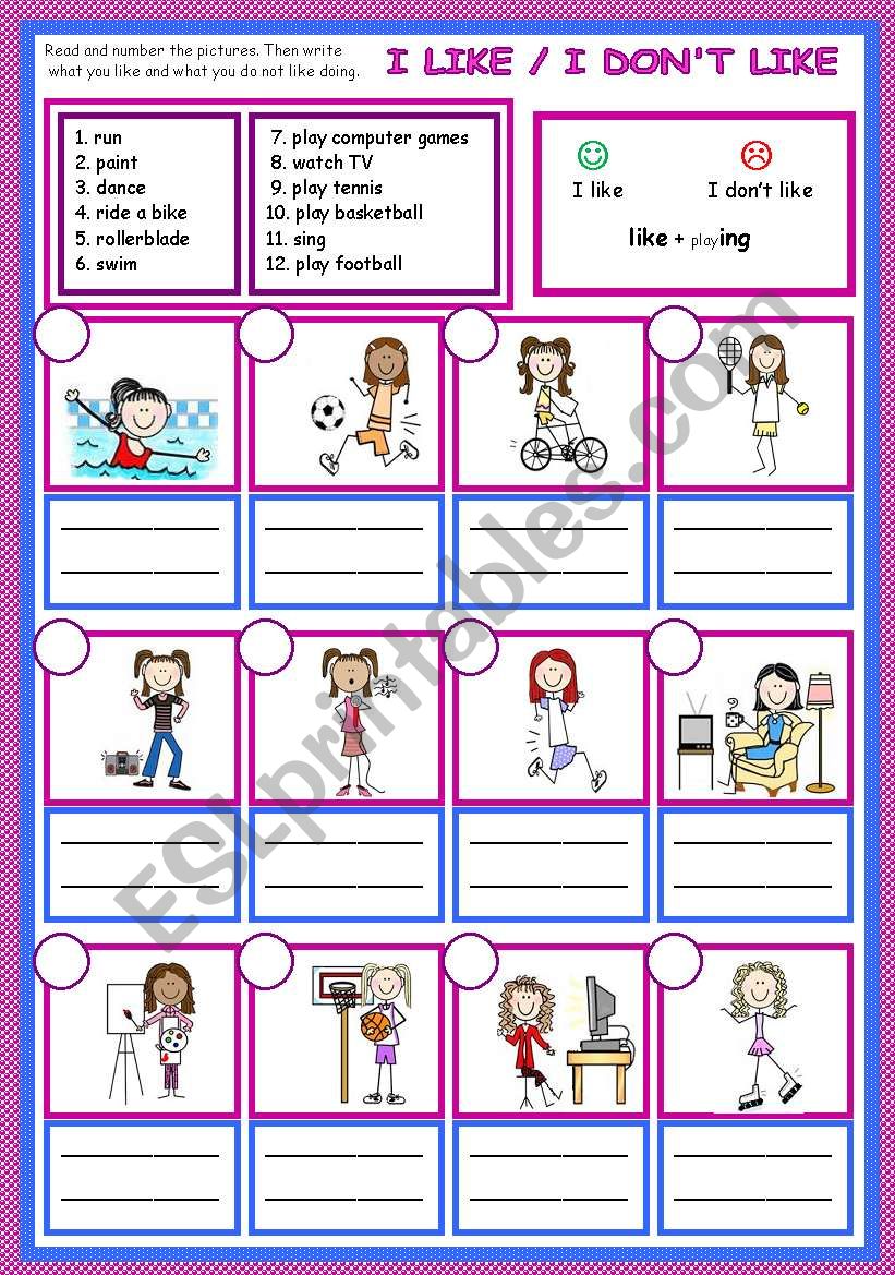 Don t like doing. Задания i like doing. I like упражнения. I like doing упражнения. Like doing Worksheets for Kids.