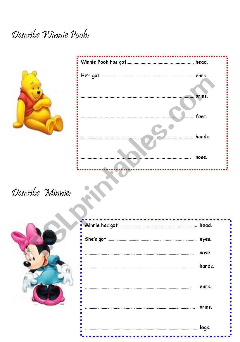 describe disney characters worksheet