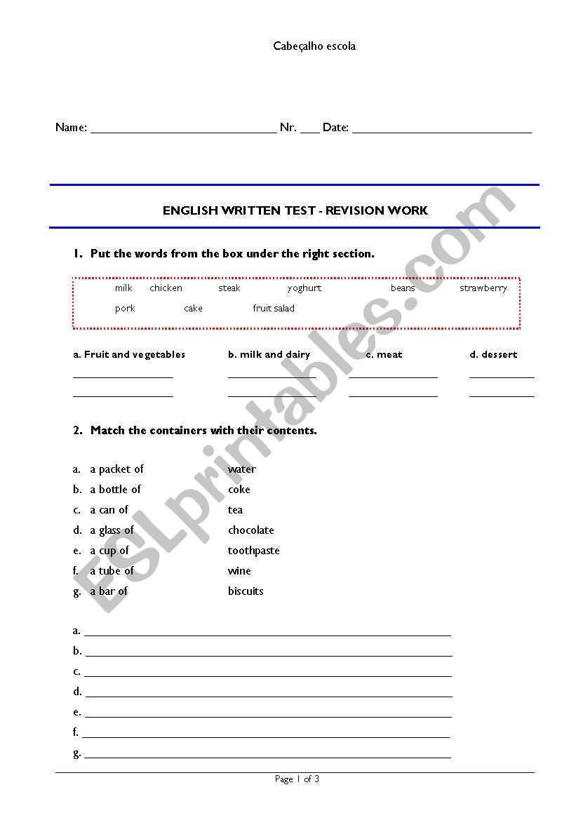 Food worksheet