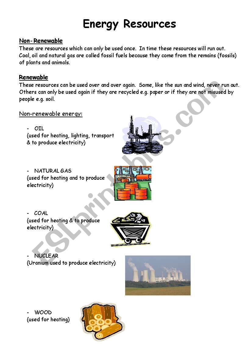 energy resources worksheet