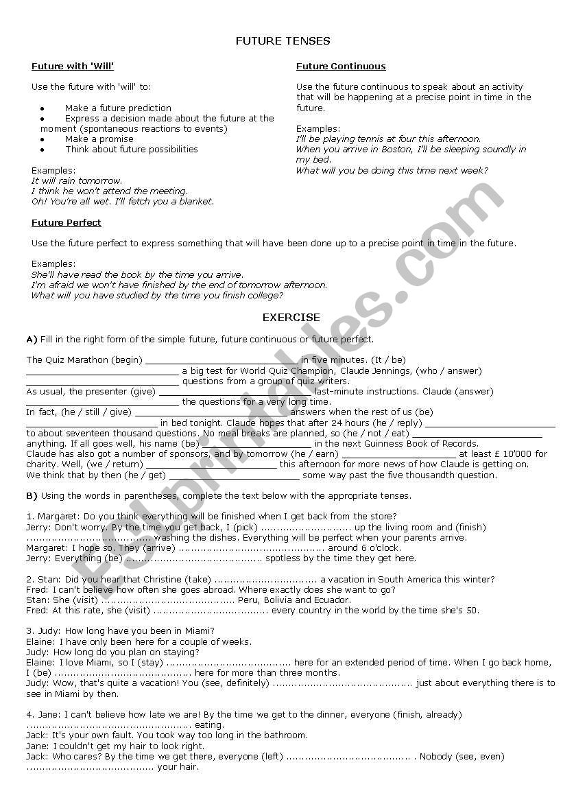 Future Tenses: simple, continuous and perfect