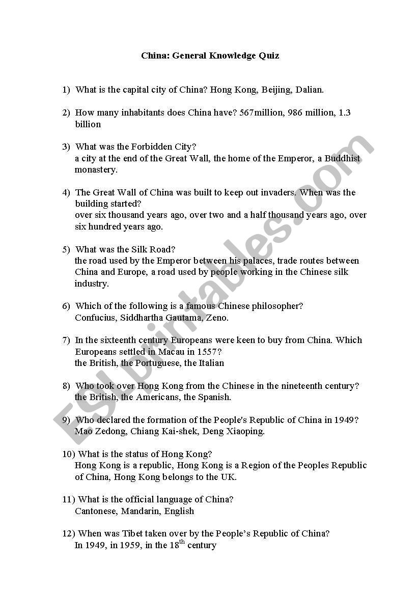 China general knowledge quiz worksheet