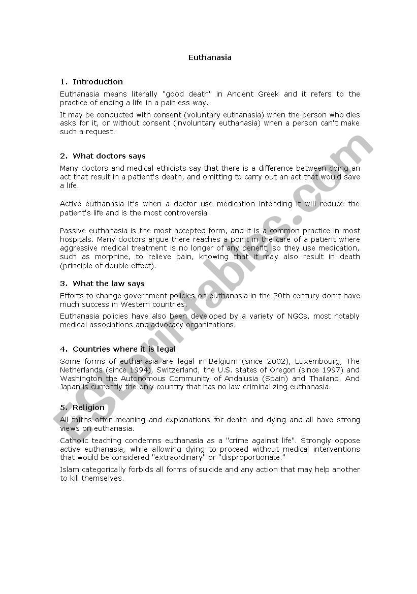 Euthanasia worksheet