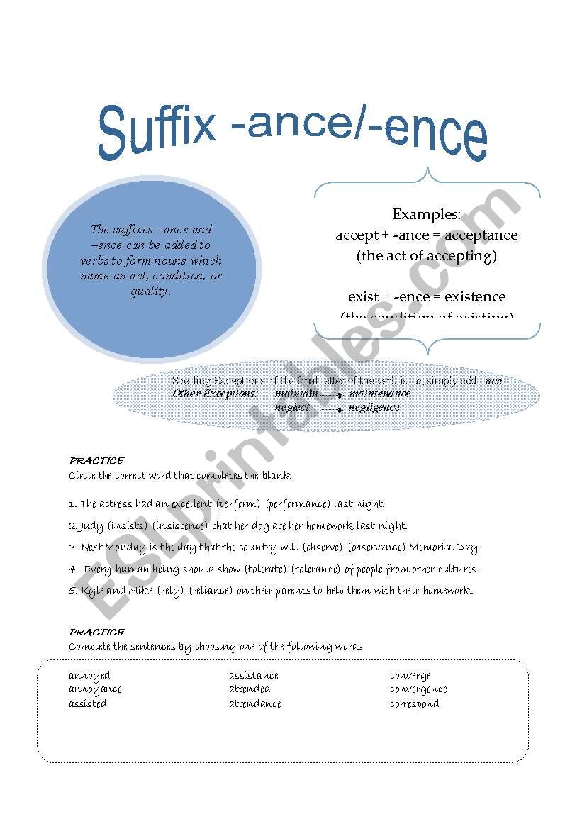 Suffix -ance and -ence worksheet